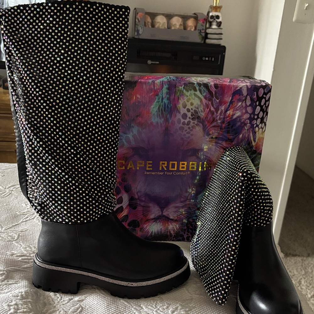 Cape Robbin Black Rhinestone Knee-High Boots